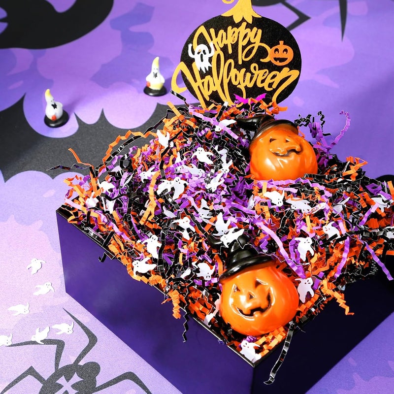 PAPER FAIR 1LB Halloween Metallic Black Orange Purple Crinkle Cut Paper with Ghost Confetti, Trick or Treat Candy Gift Basket Box Shredded Paper Raffia Filler, Craft Bedding Cushion, Birthday Party - Image 3